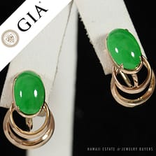 Natural Green Jade Cabochon 14K Yellow Gold Screw-Back Earrings GIA