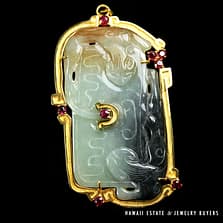 NATURAL TYPE A JADEITE JADE MULTI-COLOR WATER DRAGON HORSE 18K YELLOW GOLD PENDANT W/ RUBY