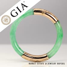 GIA Green Jade 28.3g 14KYG Hinged Bangle Bracelet Size 6