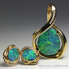 BLUE OPAL & DIAMOND 18K YELLOW GOLD DESIGNER EARRINGS & PENDANT SET W/ APPRAISAL