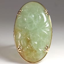 Ming's Hawaii Oval Carved Flower Large Jade 14K Yellow Gold Ring