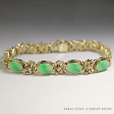 VINTAGE BURMESE JADEITE JADE & DIAMOND FLORAL 14K YELLOW GOLD BRACELET W/ GEMOLOGIST APPRAISAL