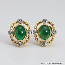 4.2g 22KYG 2ctw OVAL EMERALD CABOCHON & 0.25ctw DIAMOND PIERCED STUD EARRINGS