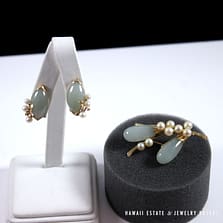 Ming's Hawaii Jade Green & Pearl Cluster 14K Yellow Gold Earrings Brooch Set