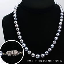 Knotted Silver Pearl Necklace Graduating 8-10mm with 0.10ct Diamond 14k White Gold Clasp,