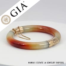 GIA Jadeite Red and Green Jade Hinged 14K Yellow Gold Bangle Bracelet Size 7.25