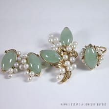 Ming's Hawaii Jade Green & Pearl Cluster 14K Yellow Gold Ring Earrings Brooch Set