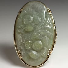Ming's Hawaii Oval Carved Flower Large Jade 14K Yellow Gold Ring