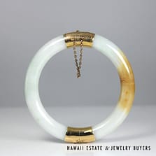 White & Brown Jade Hinged 14k Yellow Gold Bangle Bracelet Size 7, 55.1g