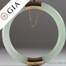 GIA Certified Pale Green Jade 14K Yellow Gold Hinged Bangle