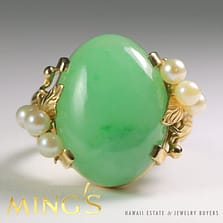 MING'S HAWAII GREEN JADE CABOCHON & PEARL 14K YELLOW GOLD RING SIZE 6.5