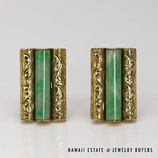 Mottled Green Jade Cylinder With 14K Yellow Gold Cufflinks