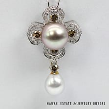 South Sea 12.2mm round Pearl's with 1ctw Brown Diamond & 0.34ctw Diamond 14K White Gold Pendant