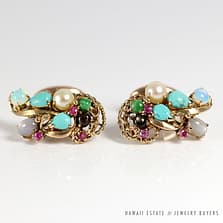 VINTAGE MULTI COLOR TURQUOISE SAPPHIRE PEARL MOONSTONE 10K YELLOW GOLD CUFFLINK