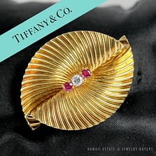 TIFFANY & CO VINTAGE AUTHENTIC DIAMOND & RUBY 18K YELLOW GOLD BROOCH PIN