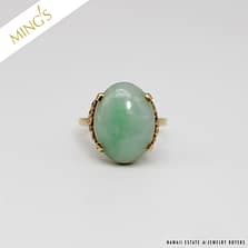 MING'S 4.0g 14KYG MOTTLED GREEN JADE CABOCHON RING SIZE 6