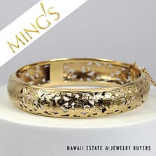 Ming's Hawaii 14K Yellow Gold Bird in Plum Hinged Bangle Bracelet Size 7.5 with Box