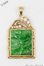 GIA 6.2g 14KYG CARVED JADE TABLET 0.25ctw DIAMOND PENDANT