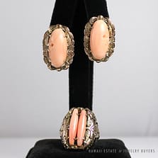 VINTAGE 1910'S CORAL 14K YELLOW GOLD FILIGREE RING & LARGE STUD EARRINGS SET