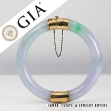 GIA Lavender & Green Jade 63.7g 14KYG Hinged Bangle Bracelet Size 7.25