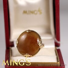 MING'S HAWAII SIGNED JADE BROWN ROUND 14K YELLOW GOLD RING SIZE 4.75 W/ BOX