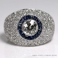 ESTATE 0.98CT EUROPEAN DIAMOND W/ NATURAL SAPPHIRES & 1.50CTW DIAMONDS SETTING PLATINUM RING