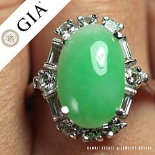 GIA Certified Oval Jade Cabochon Diamond 14K White Gold Ring