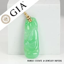 GIA Type A Carved Mottled Green Jade 14k Yellow Gold Pendant