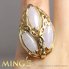 VINTAGE MING'S LAVENDER JADE MARQUISE 14K YELLOW GOLD 32MM FACE RING SIZE 7