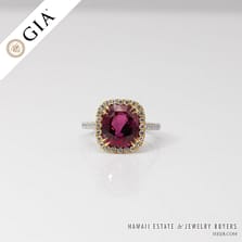 GIA CERTIFIED 4.4g 18K TWO TONE 4.71ct CUSHION CUT PINK-PURPLE SAPPHIRE 0.45ctw DIAMOND RING SIZE 5