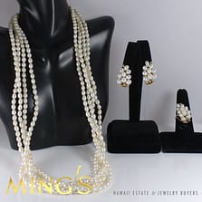 VINTAGE MING'S HAWAII CULTURED PEARL 4 STRAND 14K YELLOW GOLD NECKLACE 23.5" RING EARRINGS SET