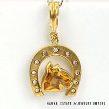 Citrine Horsehead Diamond 14K Yellow Gold Horseshoe Pendant