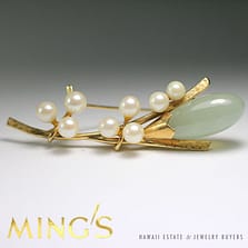 MING'S HAWAII JADE & PEARL 14K YELLOW GOLD BROOCH PIN