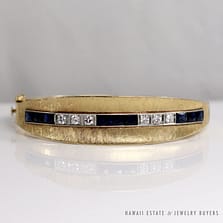 VINTAGE SAPPHIRE DIAMOND 14K YELLOW GOLD HINGED BANGLE BRACELET W/ APPRAISAL