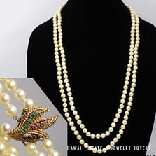 14KYG Double Strand 8-8.8mm Cream Cultured Pearl Strand Opera Length with Ruby/Emerald/Sapphire Clasp