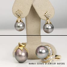 Tahitian Pearl and 0.85ctw Diamond 14K Yellow Gold Ring Size 5, Earrings, and Pendant Set