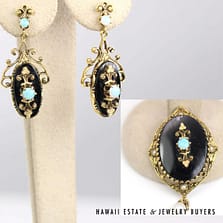 Victorian Era 14K Yellow Gold Onyx, Opal, and Pearl Earring & Brooch Set