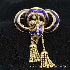 Antique 1800s 14K Yellow Gold Blue Enamel & Seed Pearl Tassel Brooch