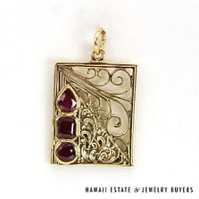14K Yellow Gold and Ruby Pendant with Round, Emerald, and Pear Cuts