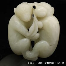 Antique Qing Dynasty Mutton Fat Jade Carving of Two Monkeys with Fruit (Pendant Optional)