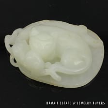 Antique Qing Dynasty Mutton Fat Jade Carving of Two Cats on a Lily Pad (Pendant Optional)