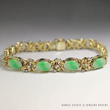 VINTAGE BURMESE JADEITE JADE & DIAMOND FLORAL 14K YELLOW GOLD BRACELET W/ GEMOLOGIST APPRAISAL