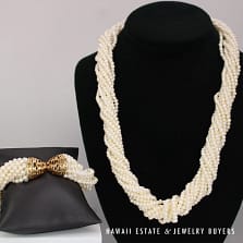 Multi-Strand Pearl 14K Yellow Gold Necklace 22" & Bracelet Set w/ Beehive Clasps