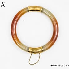 GIA 58.8g 14KYG ORANGY BROWN & WHITE JADE HINGED BANGLE BRACELET SIZE 8