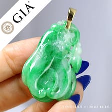GIA CERTIFIED NATURAL A JADE GREEN WHITE CARVED BUDDHA HAND 18KYG PENDANT