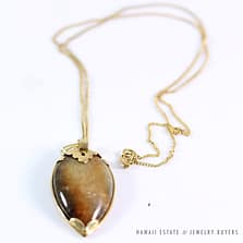 MING'S HAWAII JADE BROWN TEAR DROP 14K YELLOW GOLD PENDANT & NECKLACE