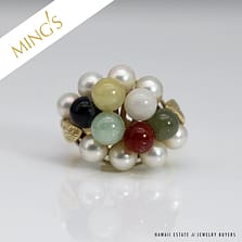 MING'S 6.2g 14KYG MULTI JADE & PEARL CLUSTER W/LEAF MOTIF RING SIZE 5.5