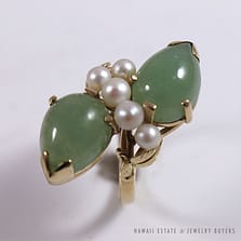 Ming's Jade Twin Cabochon & Pearl 14K Yellow Gold Ring (Sz 3.25)