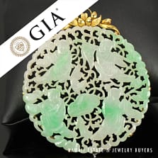 GIA Jadeite Jade Moss in Snow Carved Four Disciple 14k Yellow Gold Large Pendant