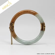 MING'S 42.9g 14KYG GREY & BROWN JADE HINGED BANGLE BRACELET SIZE 7